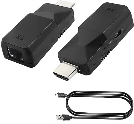 MEIRIYFA Extender HDMI, adattatore Ethernet RJ45 a HDMI Ripetitore su cavo LAN Cat5e/6 Trasmettitore e ricevitore 1080p fino a 60m da display per HDTV, PC, DVD (1 coppia)