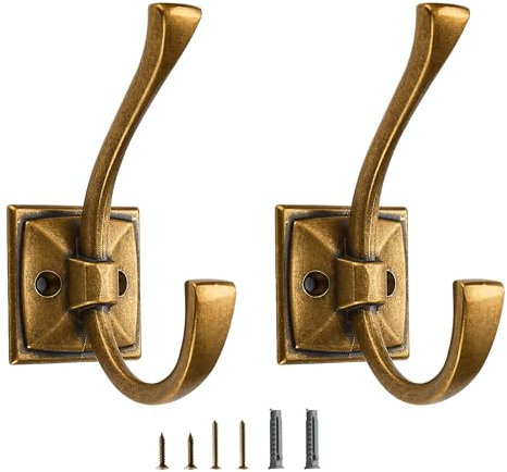 CABDM 2 Pack Decorative Heavy Duty Towel Hooks for Hanging Robe Double Vintage Antique Brass Coat Hooks Wall Mounted with Screws for Key, Towel, Bags, Cup, Hat