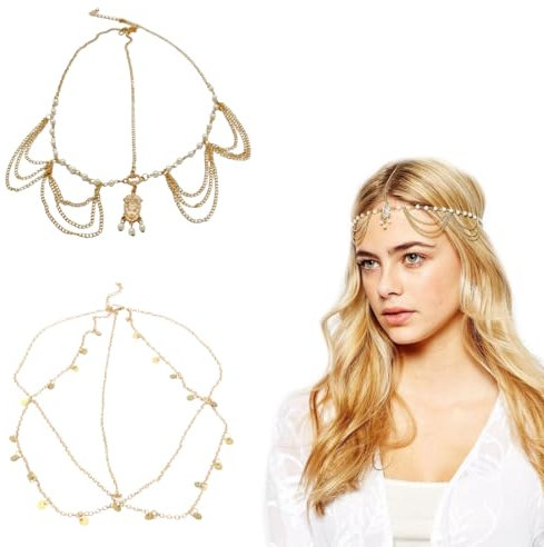 LuLiyLdJ 2 Stück Kopftuch Damen, Schmuck Damen, Boho Kleidung Damen, Haarschmuck Damen, Indischer Schmuck für Frauen und Mädchen, Bauchtänzerin Kostüm Damen, Braut-Kopfschmuck