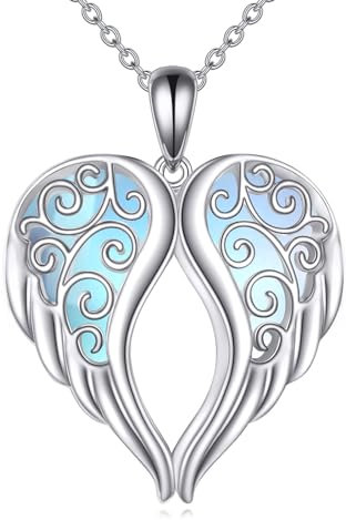 YFN Angel Wings Necklace Sterling Silver Guardian Angel Necklace Wings Pendant Jewelry for Women Gifts (Angel Wing) (Silver- Moonstone Angel Wing Necklace)