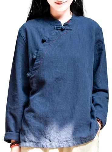 Chemisier Traditionnel Hanfu Pour Femmes Hauts Chinois De Style Ethnique Rétro Grande Taille Chemise Ample Et Décontractée En Coton Et Lin 2024 (Color : Dark blue, Size : XL)