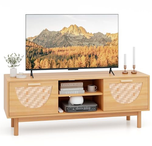 COSTWAY TV Stand for TVs up to 55 Inches, Wooden TV Cabinet Media Entertainment Center with 2 Bamboo Woven Drawers and Storage Shelves, Solid Wood Legs TV Unit Console Table for Living Room Bedroom