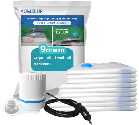 AOMZEUR Sacchetti sottovuoto con pompa elettrica, confezione da 9 (3 grandi/3 medi/3 piccoli), sacchetti salvaspazio con pompa, sacchetti sottovuoto per vestiti, trapunte, coperte, biancheria da letto