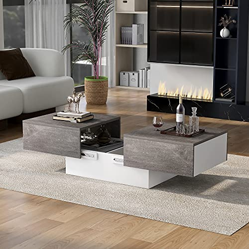 BTM Table Basse Carrée, Table Basse de Salon avec 2 Tiroirs et 2 Etagères, Table d'Appoint Extensible, 102x60x40 cm, Gris