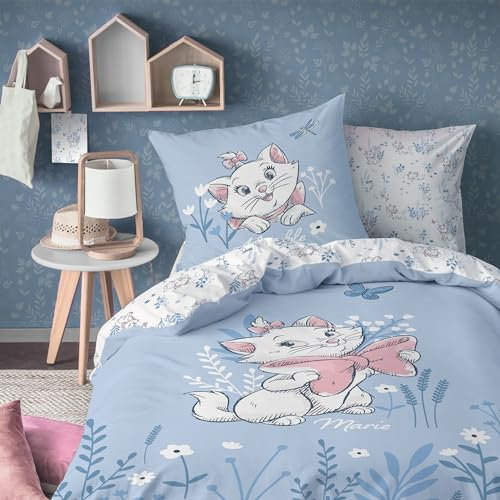 Disney Home Les Aristochats Spring Bettwäsche für Kinder 1 Person | 100 % Baumwolle | Öko-TEX | Bettbezug 140 x 200 cm + Kissenbezug 63 x 63 cm | Wendedruck Mädchen | Blau