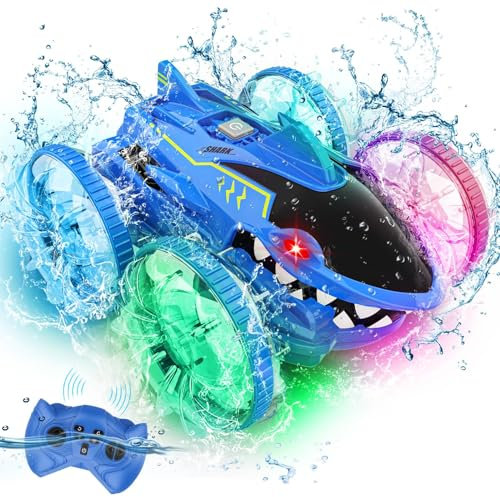 HappyGoLucky Shark Amphibious Remote Control Car with LED Lights, 360 Flips Toys for Boys 3-8 Years Old, Monster Truck RC Gifts