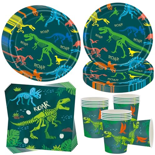 OMZSXK Vajilla de fiesta de dinosaurio para 16 invitados, dinosaurio dinosaurio, plato de fiesta de cumpleaños, vajilla, decoración de fiesta de dinosaurio, platos de papel, servilletas, para