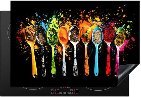 KitchenYeah© Protege Plaque Induction 76x51 cm Decoration Cuisine Tapis de Protection Pour Plan De Travail Cuisson Protégé Cuillères - Épices - Modern - Graffiti - Coloré