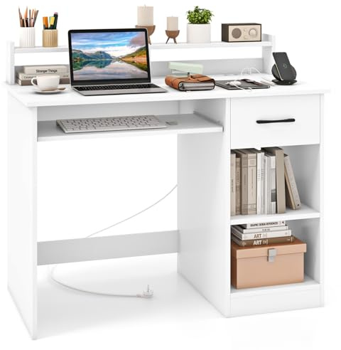 COSTWAY Schreibtisch mit Ladestation, Kleiner Computertisch mit Tastaturablage, Schublade & verstellbarem Regal, moderner Bürotisch, PC-Tisch für Schlafzimmer, Büro, weiß, 105 x 55 x 89 cm