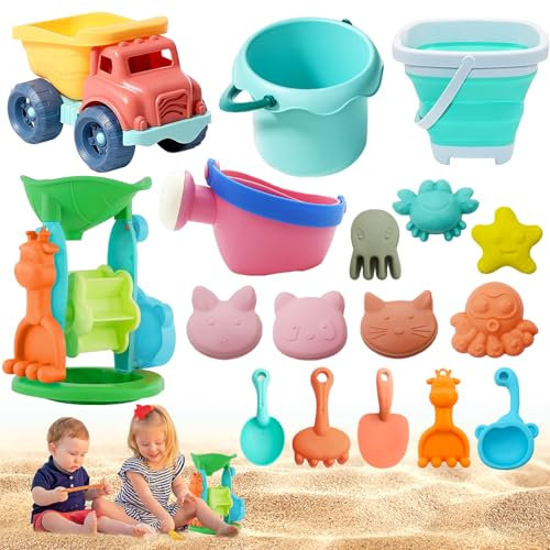 Sandspielzeug Strandspielzeug Kinder,17 Stück Strand Spielzeug Set, Sandkasten Spielzeug mit Faltbares Eimer,Schaufel, für ab 1-5 Jungen Mädchen
