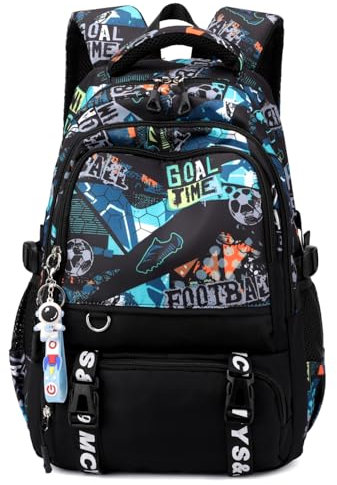 Tanou Schulrucksack Jungen Teenager, Fußball Druck Schultasche für Jungs 10-18 Jahre, Wasserdicht Schulranzen Groß Daypack für Schule Reisen mit Trolleyband, Schwarz/Grün