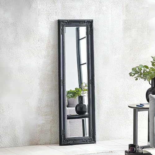 Julian Bowen Palais Mirror Full Length – Antique Wooden Wall Mounted, Glass, 130cm x 40cm, Full Body Mirror for Bedroom, Living Room & Dressing Room – Black