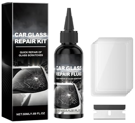 Colla per la Riparazione del Parabrezza Dell'auto,Liquido Riparazione Vetri Auto,Strumento di Ripristino Vetri Auto,Kit Riparazione Parabrezza Auto,50ML+Lama+Pellicola Polimerizzata*5