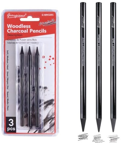 Charcoal Pencils for Drawing, 3-Pack All-Charcoal Art Pencils, Black Art Pencil Ideal for Artists & Beginners, Sketching, Shading, Blending, Portrait, Professional Artwork, Vine & Willow Effect