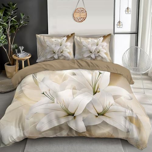 DLERFLOVR Housse de Couette 220x240cm avec 2 Taies d'oreiller 65x65 cm, Parure de Lit Lys Blanc - Literie Fleurs Élégantes - Réversible Housse Couette, pour lit 1 Personnes