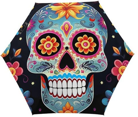 BVKWNTSA Ombrellone portatile a 5 pieghe con protezione solare, l'ombrello stampato con teschi di zucchero è piccolo e portatile, adatto per protezione solare estiva, viaggi di pioggia, viaggi, ecc.