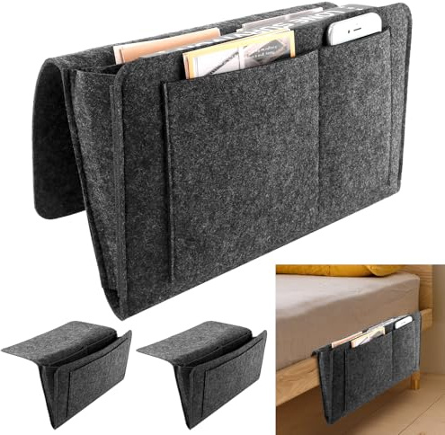 SHUESS 3er Betttasche zum Einhängen, Anti-Rutsch Bett Organizer zum Einhängen aus 3mm Filz Betttaschen mit 5 Fächern für Sofa, Nachttisch, Aufbewahrung für Handy, Buch, Brille, Dunkelgrau (32x22x10cm)