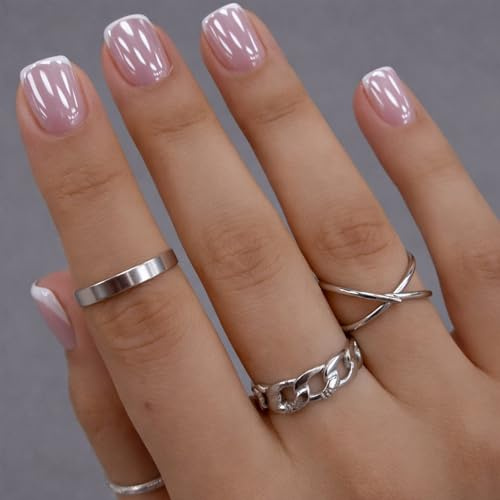 24PCS Short Square French Tip False Nails - Translucent Pink Glossy Press On Nails & Pearlescent Look, Subtle White Tip Style Set for Women Clean Elegant Styling Social Occasions