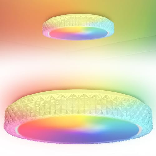 YZNAHRE 60W LED Deckenleuchte mit Bluetooth Lautsprecher, Dimmbar, RGB Farbwechsel, IP44, Runde Deckenlampe mit Kristalldekor Ø40cm