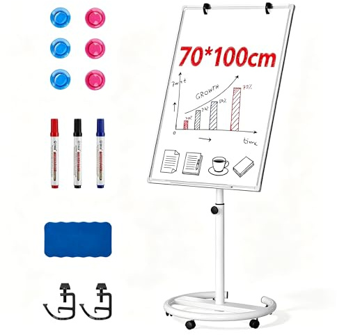 DoeDoefong Magnetische Mobile Whiteboard 70x100 cm, Flipchart Ständer mit Rollen, Höhenverstellbar 157-195 cm, Trockenlöschbrett mit Papierklammer & Stiftablage, für Büro Schule Zuhause