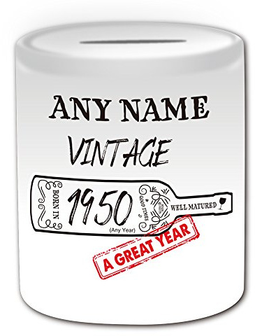 Personalised Gift - Vintage Wine Year 1950 Money Box (Occasion Design Theme White) Any Name Message Unique Saving Piggy Bank Funny Novelty Bottle Awesome Wonderful Brilliant Beautiful Pretty Fabulous