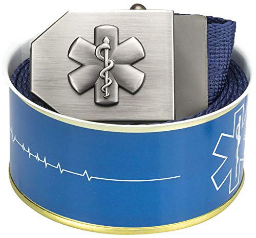 Rettungsdienst-Gürtel Emblem Flaschenöffner in Gürtel-Schnalle | Star of Life-Edition blau | universal verstellbar 150cm | Männer Herren Frauen Damen Kinder | Einsatz Koppel | Geschenk-Dose | DRK Arzt