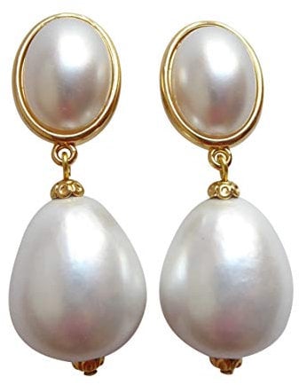 Elegant: Sehr große leichte Ohr-Clips vergoldet Stein perlmutt-weiß Anhänger Perle elegant klassisch Hochzeit Braut Geschenk Party Designer JUSTWIN