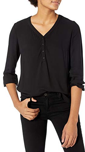 Amazon Essentials Chemise boutonnée à Manches 3/4 pour Femme, Noir, Taille L