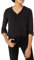 Amazon Essentials Women's 3/4 Sleeve Button Pop-Over Shirt, Loose-Fit V-Neck Blouse, Black, L