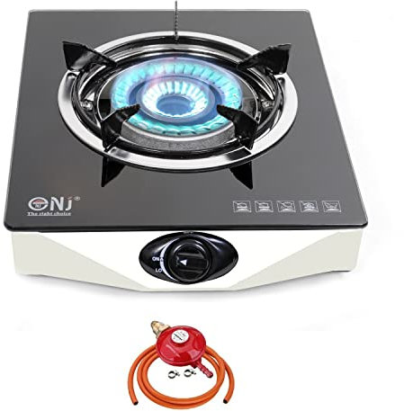 NJ NGB-S1 Gas Stove 1 Burner Gas Cooker Tempered Glass with Safety Device LPG + Gas Regulator Set (Propane 37mbar Screw-on)
