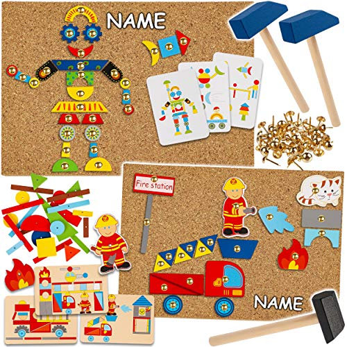 alles-meine.de GmbH XXL Set - Hammerspiel - 411 Teile - Modellwahl - Roboter & Feuerwehr - inkl. Name/für Kinder - Klopfspiel Nagelspiel - Hämmerchenspiel - Nagel Hammer Holz b..
