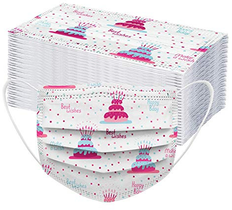 AMDOLE Jinchan 50 Stück Erwachsene Einweg Face Cover |Einmal-Mund-schutz| 3 Lagig Atmungsaktiv Bandana Halstuch |Mode Partykuchen Festlicher Geburtstagsdruck Bequeme Sport Mund Und Nasenschutz