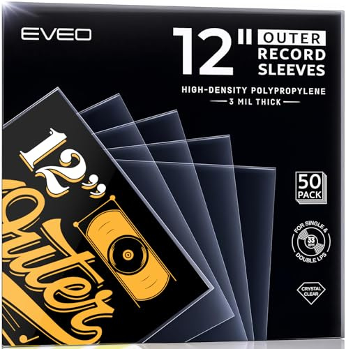 EVEO 50 Vinyl Record Sleeves Outer – Crystal Clear Outer Vinyl Sleeves LP Album Covers 12.75x12.75 Protective 3 Mil Protection for Single & Double LPs - Archival Quality