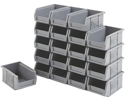 BiGDUG Plastic Parts Bins - Stackable or Wall Mounted Storage Boxes Garage Organiser Louvre Free Standing - Pack of 20 - 75H x 100W x 165D mm - Grey