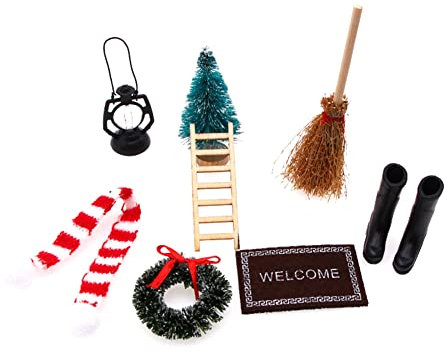 Wichteltür Weihnachten Set, Miniatur Puppenhaus-Wichteltür Weihnachten Set Miniatur Wichtel Stiefel Tür Holzleiter Öllampe Teppich Gummistiefel Weihnachtsbaum Dekokranz Puppenhausmöbel Zubehör