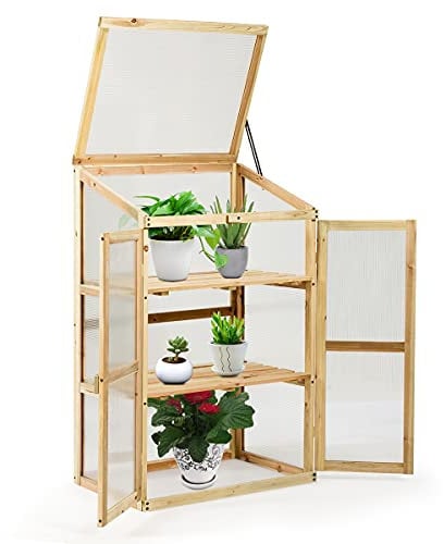 DREAMADE Mini Serra in Legno da Giardino, Terrazzo e Cortile, Serra da Esterno Trasparente con Copertura per Piante e Fiori, Struttura Orto a Cassetta con Tetto Apribile e Inclinato, 60 x 45 x 100 cm