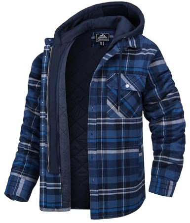 MAGCOMSEN Herren Kapuze Kariertes Hemd Plaid Fleece Jacke Winter Frühling Flanellhemd Verdickt Outdoor Freizeithemd Herren Gesteppte Gefütterte Hemdjacke Hoodie Longsleeve Thermohemd Blau Grau L