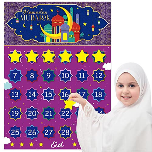 Ramadan Mubarak Adventskalender Ramadan Eid Countdown Kalender 2025 Ramadan Dekoration für Kinder Eid Geschenk Mubarak Eid Al Fitr Party Islamische Deko mit 30 Wiederverwendbaren Sternen