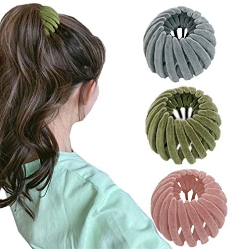 3pc Velvet Birds Nest Hair Clips Hair Claw Clamps, Bun Maker Expandable Ponytail Holder Clip, Hair Accessories for Women Girls