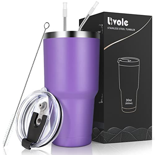 Livole 30oz 900ml Trinkbecher für Männer, Frauen, Thermobecher Kaffee to go, Camping Tasse, Doppelwandiger Edelstahl Becher mit Strohhalm, Isolierter Vakuum Kaffeebecher, Reisebecher, Lila