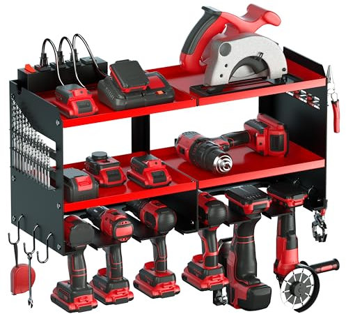 Spampur Power Tool Organizer with Charging Station, 6 Drill Holders Wall Mount, Heavy Duty Metal Premium Garage Tool Shelf, Gift for Man Cordless Tool Storage Rack with 4 Outlet Power Strip - Red