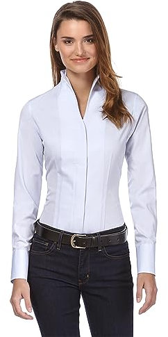 Vincenzo Boretti Camicia-Blusa Donna Elegante, Colletto Alto, Manica-Lunga, in Tinta Unita, Facile da Stirare, Taglio Abbastanza Aderente/Modern-Fit Blu Ghiaccio 40