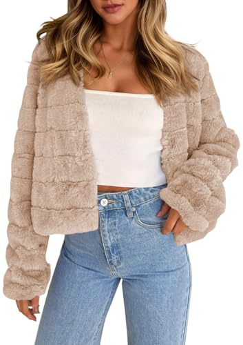 Fisoew Womens Cropped Faux Fur Jackets Long Sleeve Open Front Fluffy Short Coats