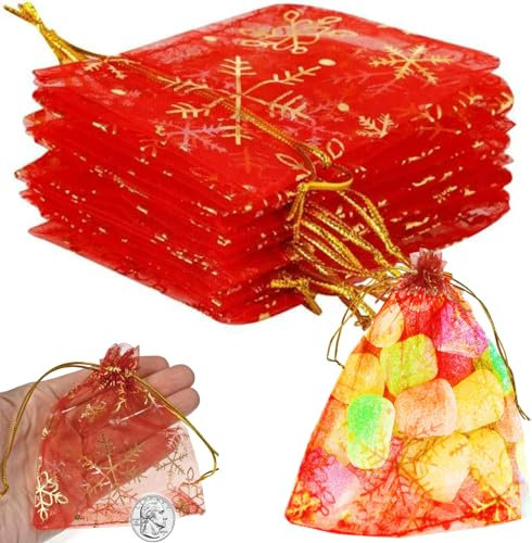 TEXASDELUXE Organza-Geschenkbeutel mit Schneeflocken-Motiv, Rot, Gold, 40 Stück, Weihnachtsgeschenkbeutel, 8,9 x 7 cm, kleine Organza-Beutel mit Kordelzug, 5 x 7 cm