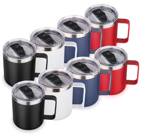 Volhoply 14oz Insulated Stainless Steel Coffee Mug with Lid Bulk 8 Pack,Double Wall Vacuum Travel Coffe Cup with Handle,Reusable Metal Tumbler Cup,Camping Mugs Keep Hot,Christmas Gifts(Assorted,8)
