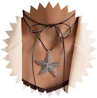 TseenYi Boho Ocean Starfish Pendant Necklace Silver Starfish Suede Necklace Big Starfish Bow Rope Necklace Vintage Starfish Choker Necklace Black Short Collar Necklace Jewelry for Women and Girls