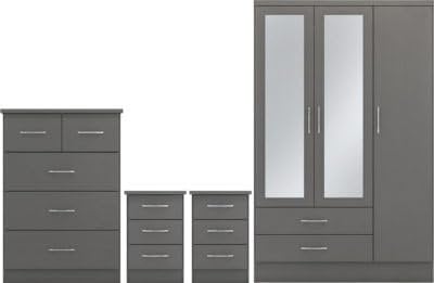 Seconique Nevada 3 Door 2 Drawer Mirrored Wardrobe Bedroom Set in 3D Effect Grey