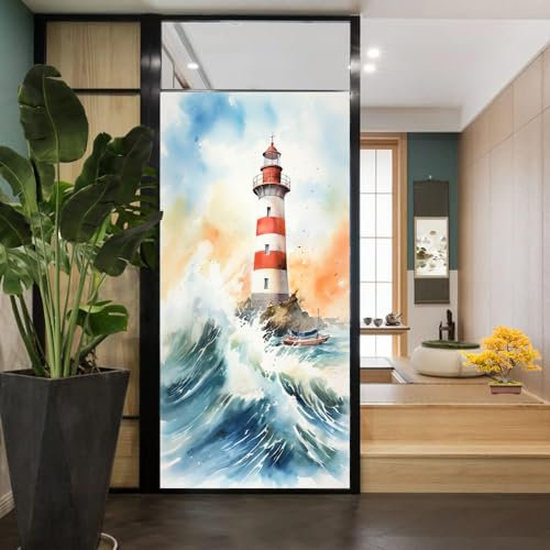 Aquarell Retro Leuchtturm Sichtschutzfolie Abstrakt Vintage Nautische Buntglas-Fensterfolie Dekorative Fensterfolie für Fenster und Glastür, Sonnenblockierung, 45 x 60 cm