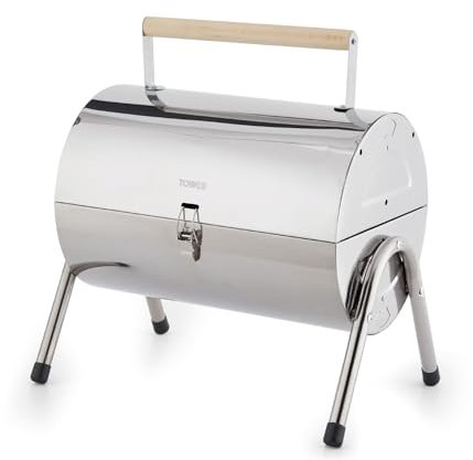 Tower T978574 Portable Barrel Grill with Wooden Carry Handle, Compact Design, Safety Locking Mechanism, Stainless Steel
