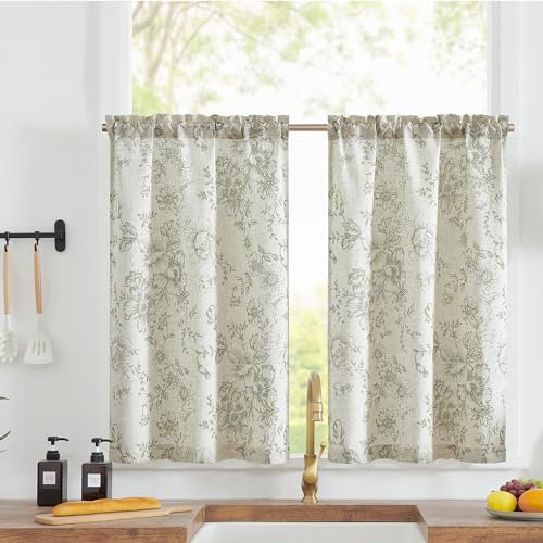 TOPICK Leinen Scheibengardinen Blumen Küchengardinen Landhausstil Modern Gardinen Vorhänge Kurz Bistrogardine für Frühling Wohnzimmer Badezimmer Kurzstores,2er Set 65 B x 60 H (cm),Grün auf Beige